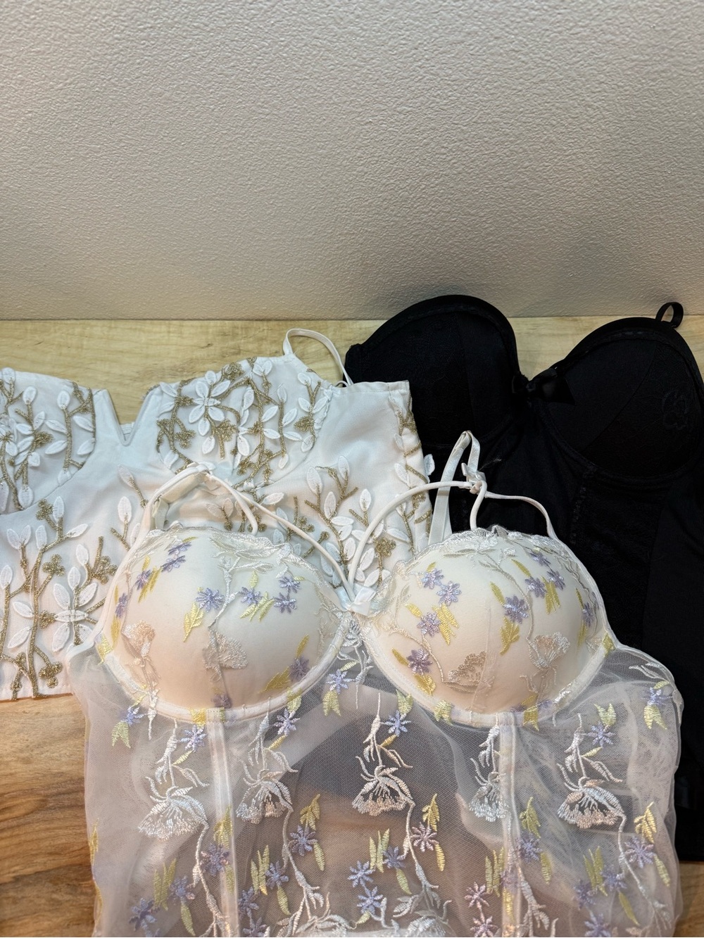 Set of 3, Corset Style Embroidered and Lace Tops, L & XL